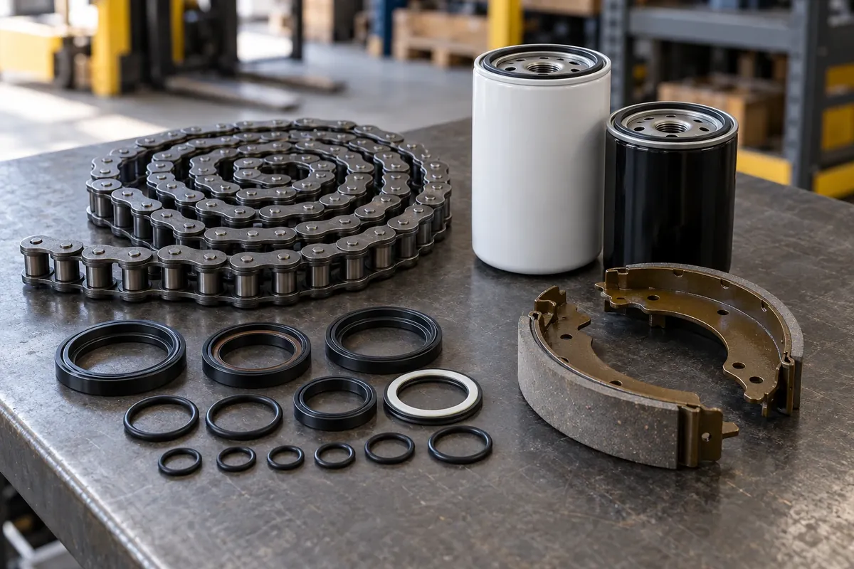 Forklift replacement parts: chain, a hydraulic seal kit, spin-on filters and brake shoes