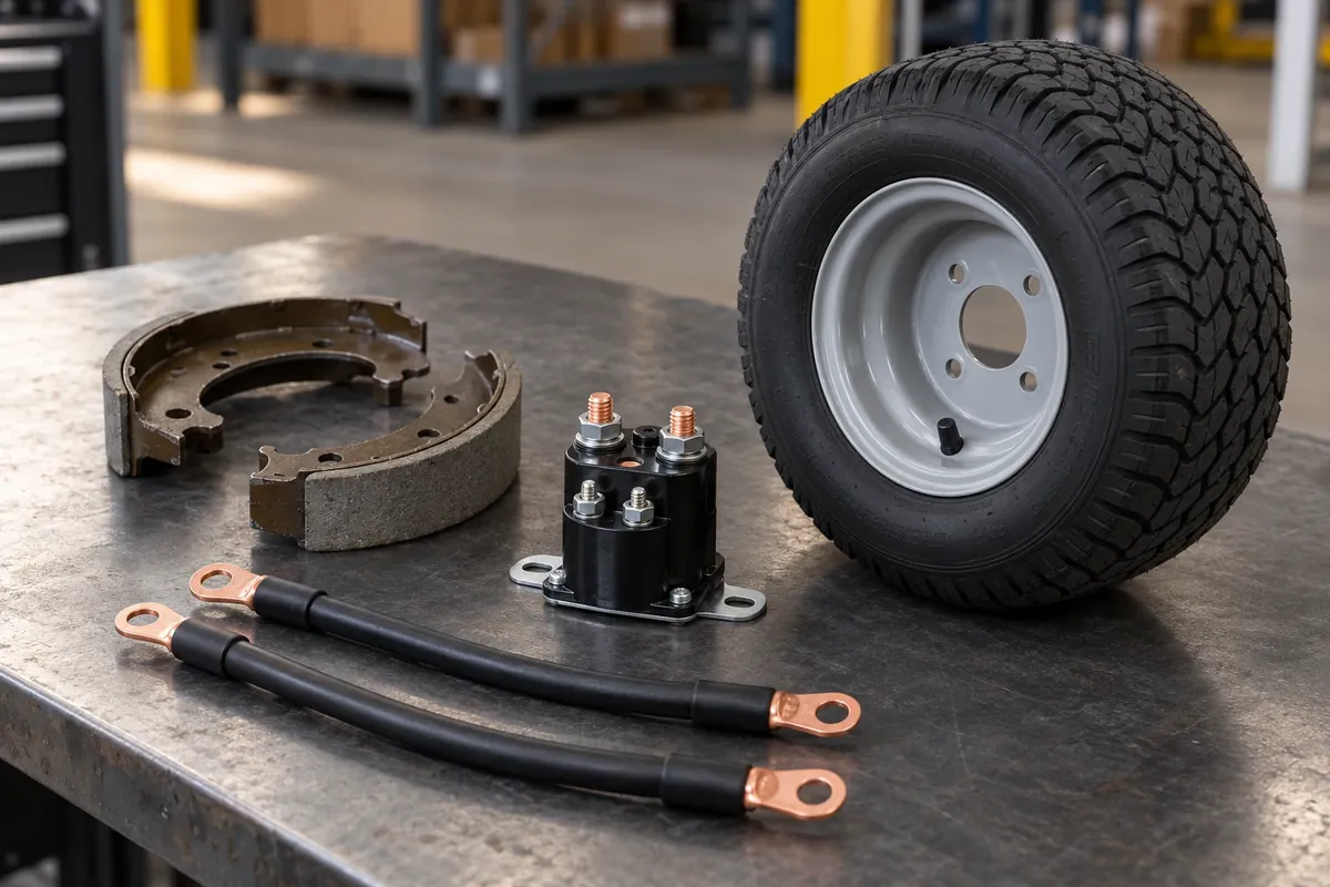Golf cart parts: a solenoid, battery cables, brake shoes and a turf tire
