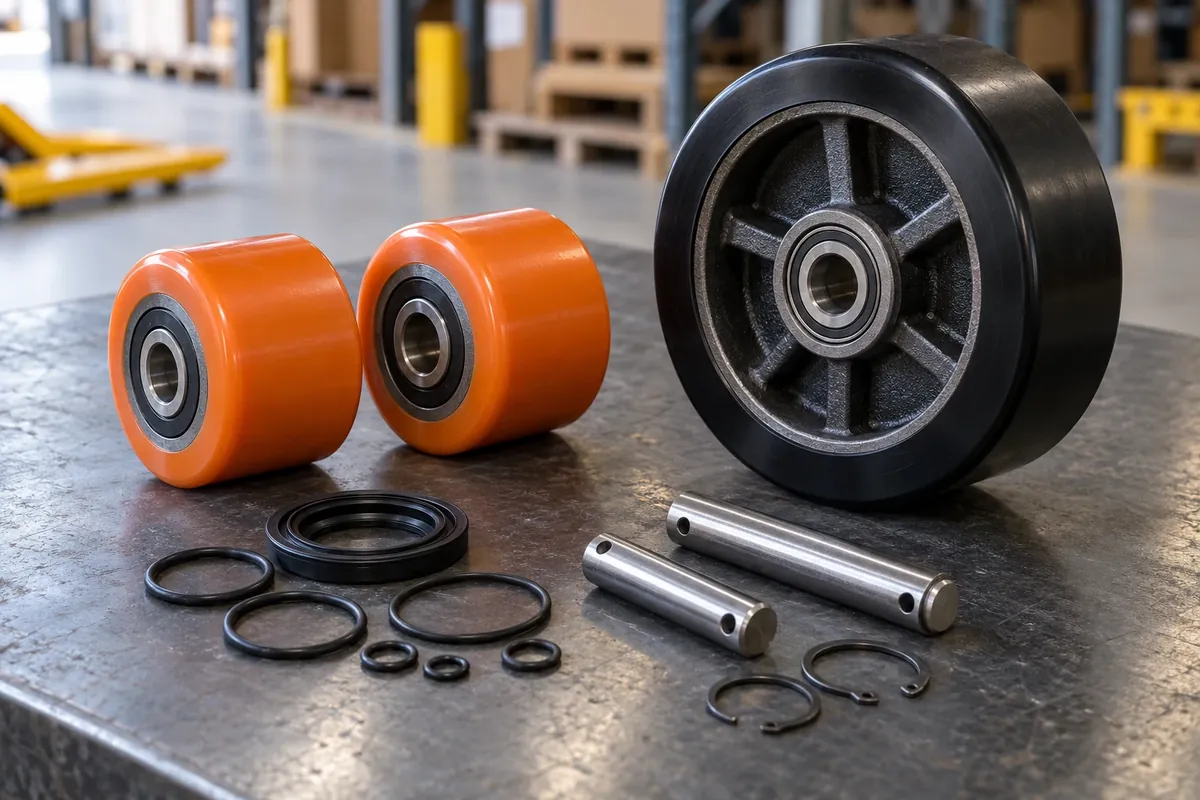 Pallet jack parts: polyurethane load wheels, a steer wheel, a seal kit, axle pins and snap rings