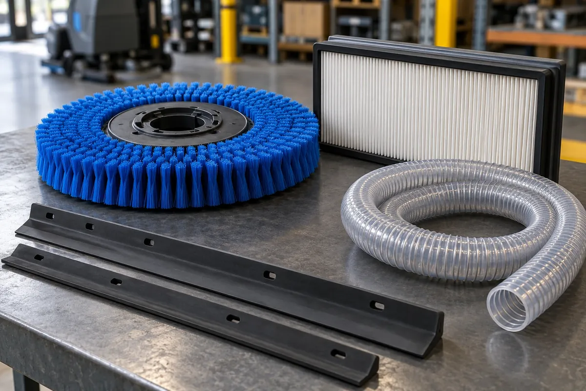 Floor scrubber parts: a nylon disc brush, squeegee blades, a panel filter and vacuum hose
